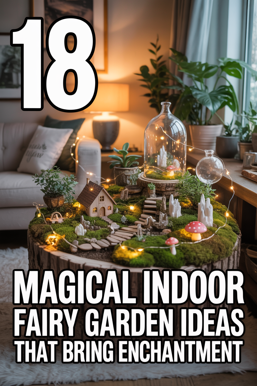 Magical indoor fairy garden ideas with mini houses, fairy lights, and whimsical enchanted room decor