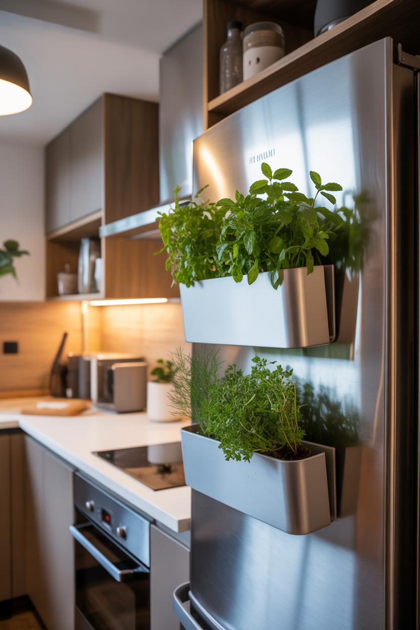 Magnetic herb planters attached to a refrigerator in a small modern kitchen