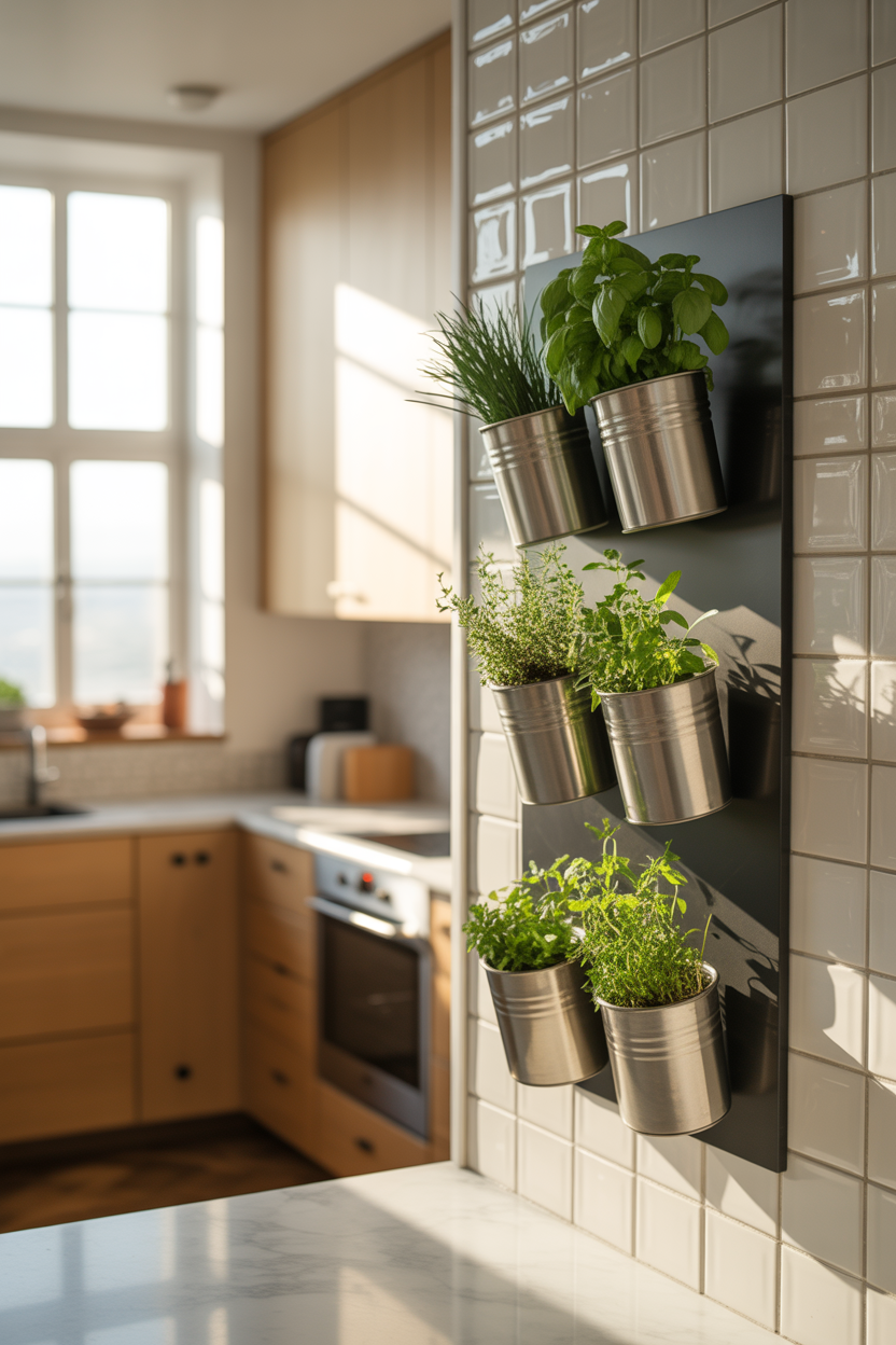 Magnetic spice jar wall herb garden mounted on kitchen backsplash with fresh basil and thyme