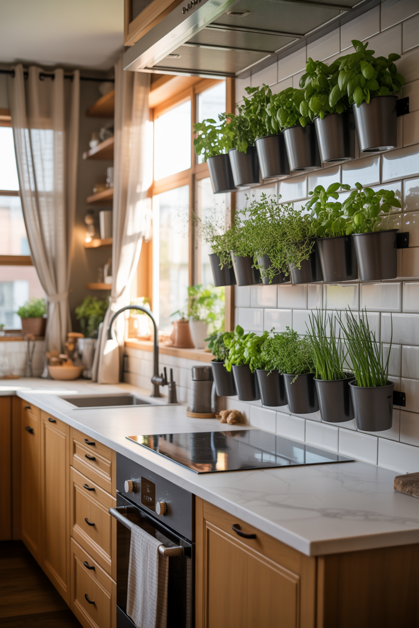 Magnetic herb planters on kitchen backsplash with fresh basil, parsley, and chives in a modern white kitchen