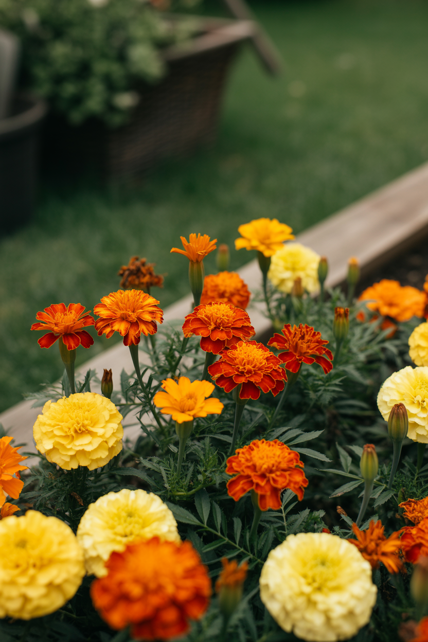 Marigold flowers thriving in full sun summer garden conditions