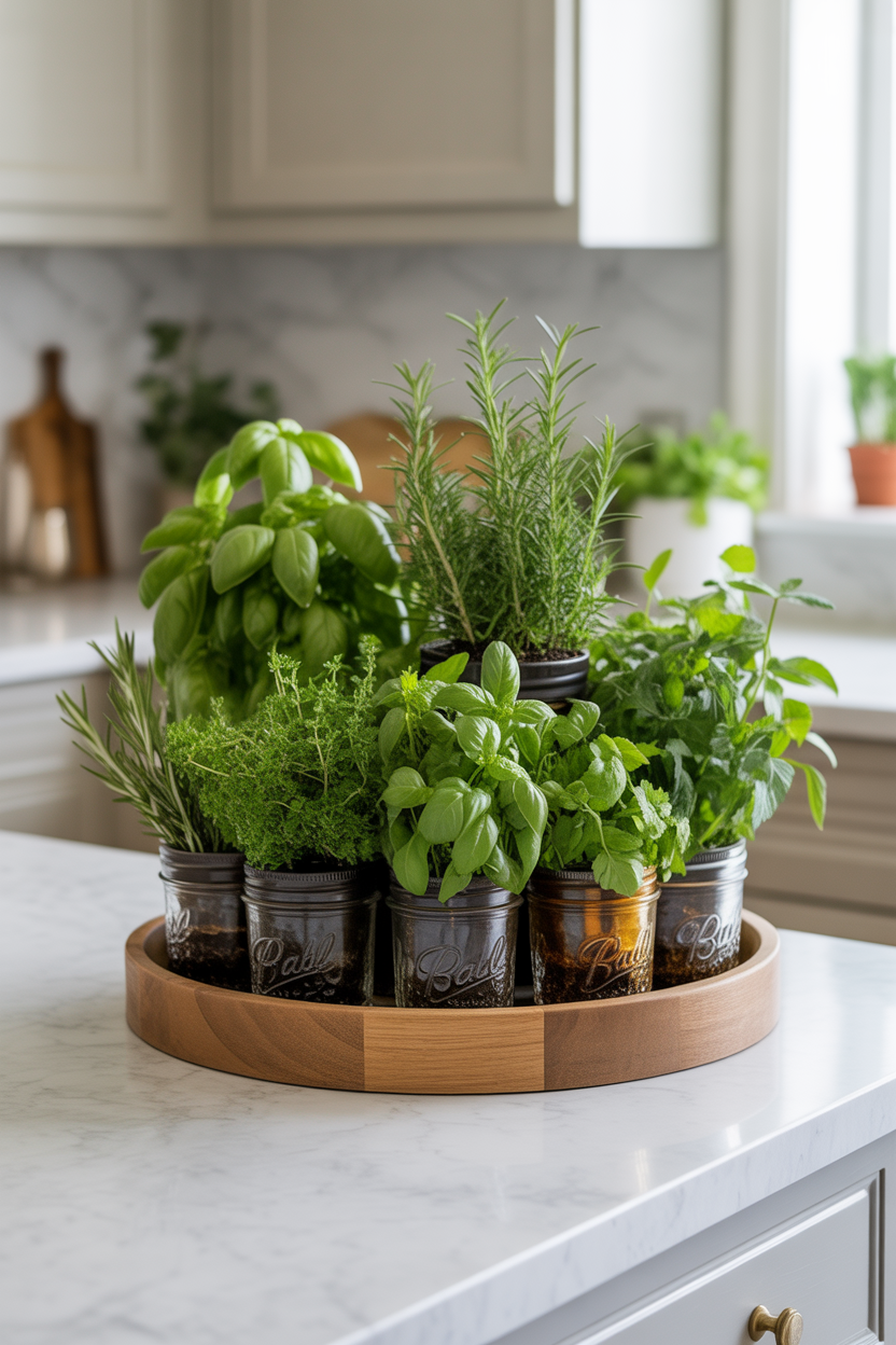 Mason jar countertop herb garden on wooden tray with fresh herbs on marble kitchen counter