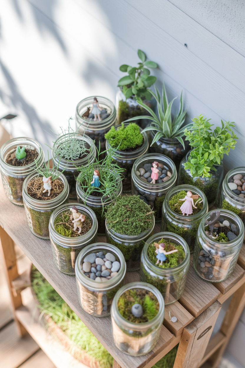 Cluster of mason jar fairy gardens with moss and figurines on a rustic patio shelf outdoors