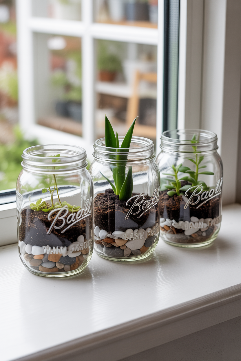 Three mason jar fairy gardens with different themes displayed on a windowsill