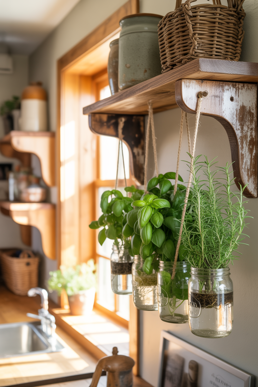 Hanging a mason jar indoor herb garden in a rustic kitchen