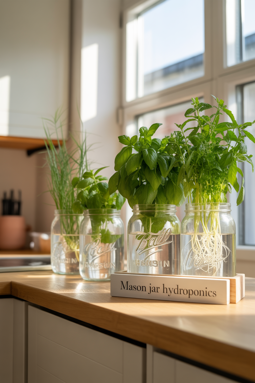 Mason jar hydroponic garden with herbs growing in water on a clean kitchen shelf