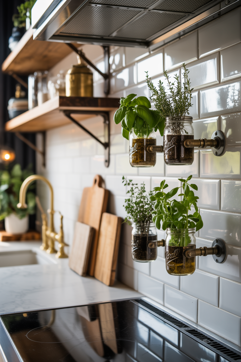 Command strip-mounted mason jar vertical herb garden on kitchen wall with fresh basil and thyme growing inside glass jars