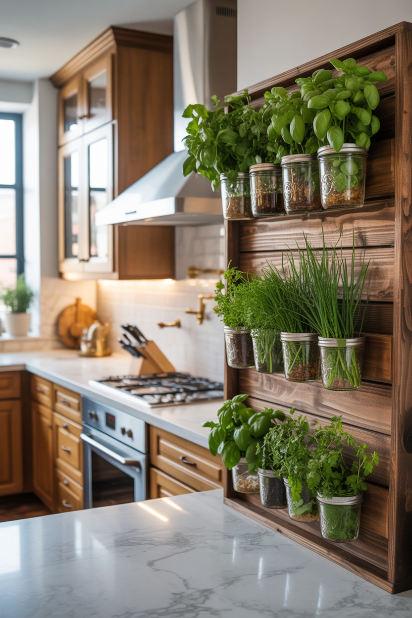 Mason jar herb garden on reclaimed wood board mounted on kitchen wall with fresh herbs and chalk labels