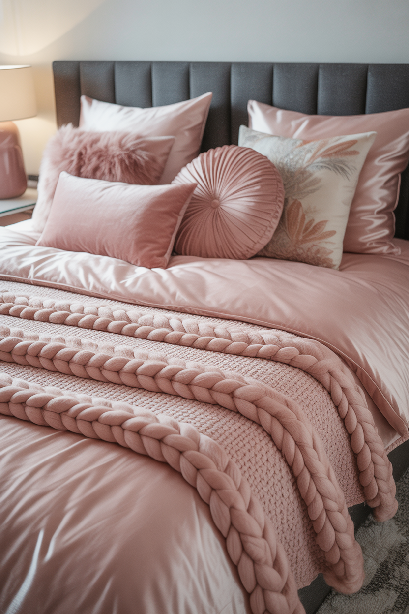 Maximalist pink bedding with five plus textures in varying shades for small bedroom