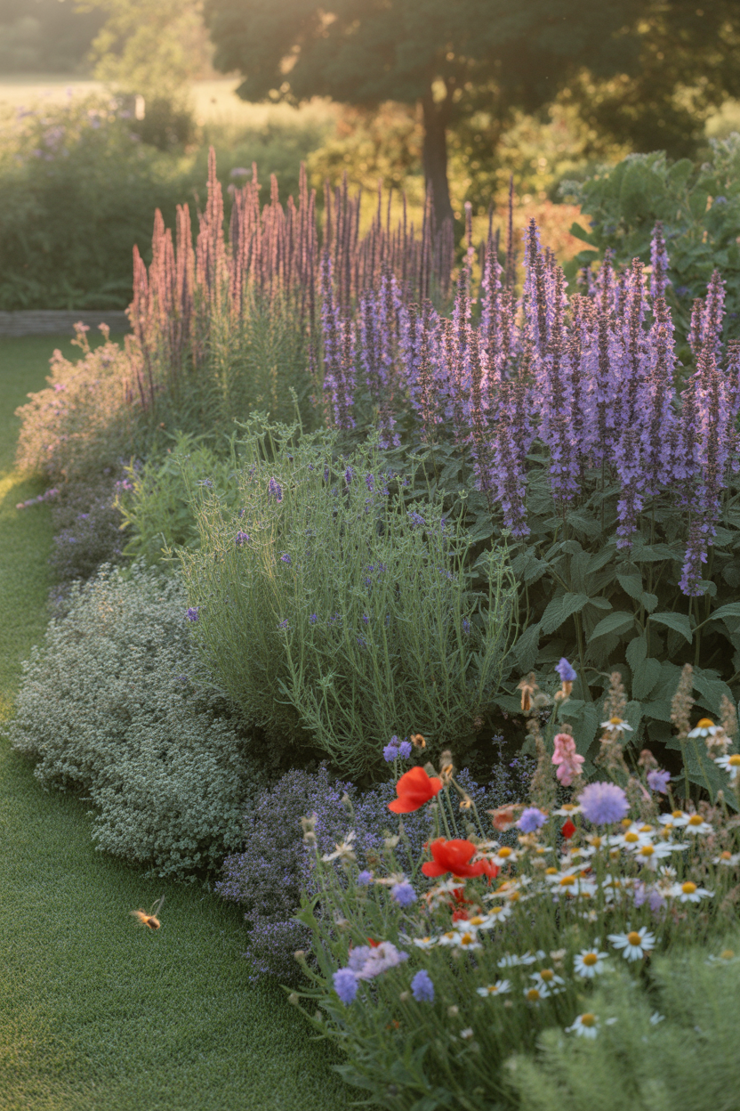 Dreamy mini wildflower patch with poppies and cornflowers in a summer backyard garden