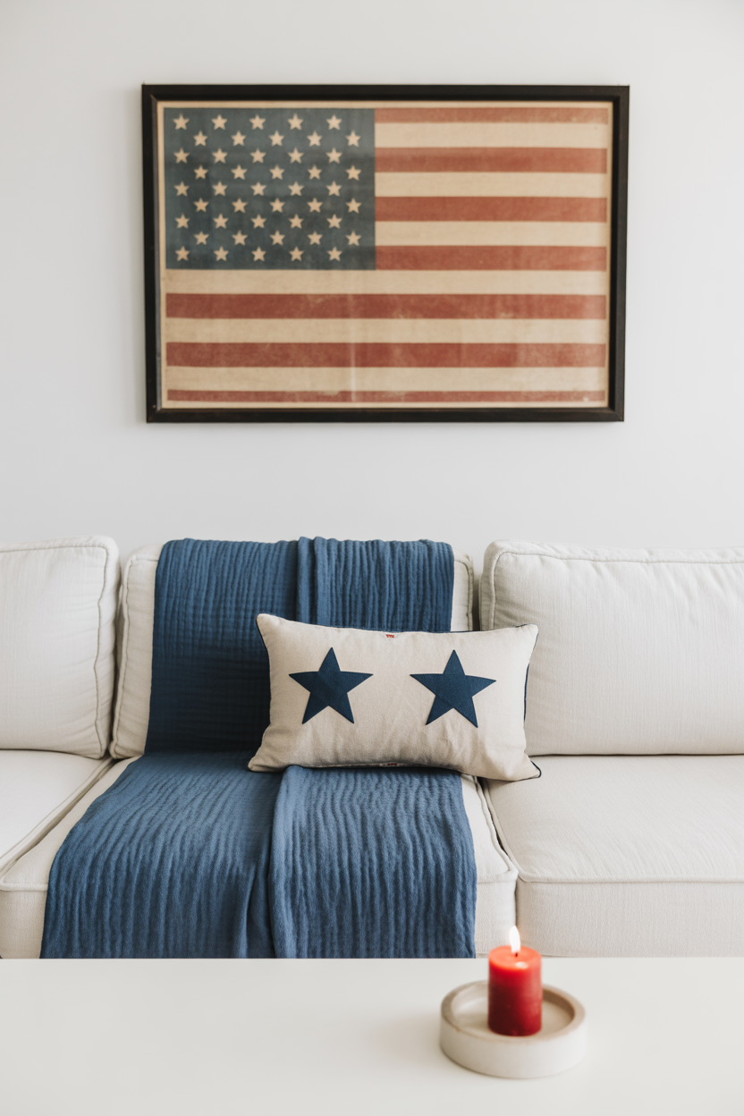 Minimalist 4th of July decor with a vintage American flag print, navy throw, and red candle in a modern living room