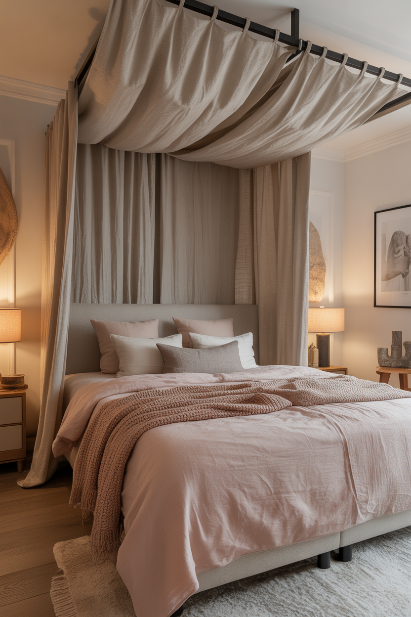 Minimalist linen canopy bed installed with command strips in a modern bedroom