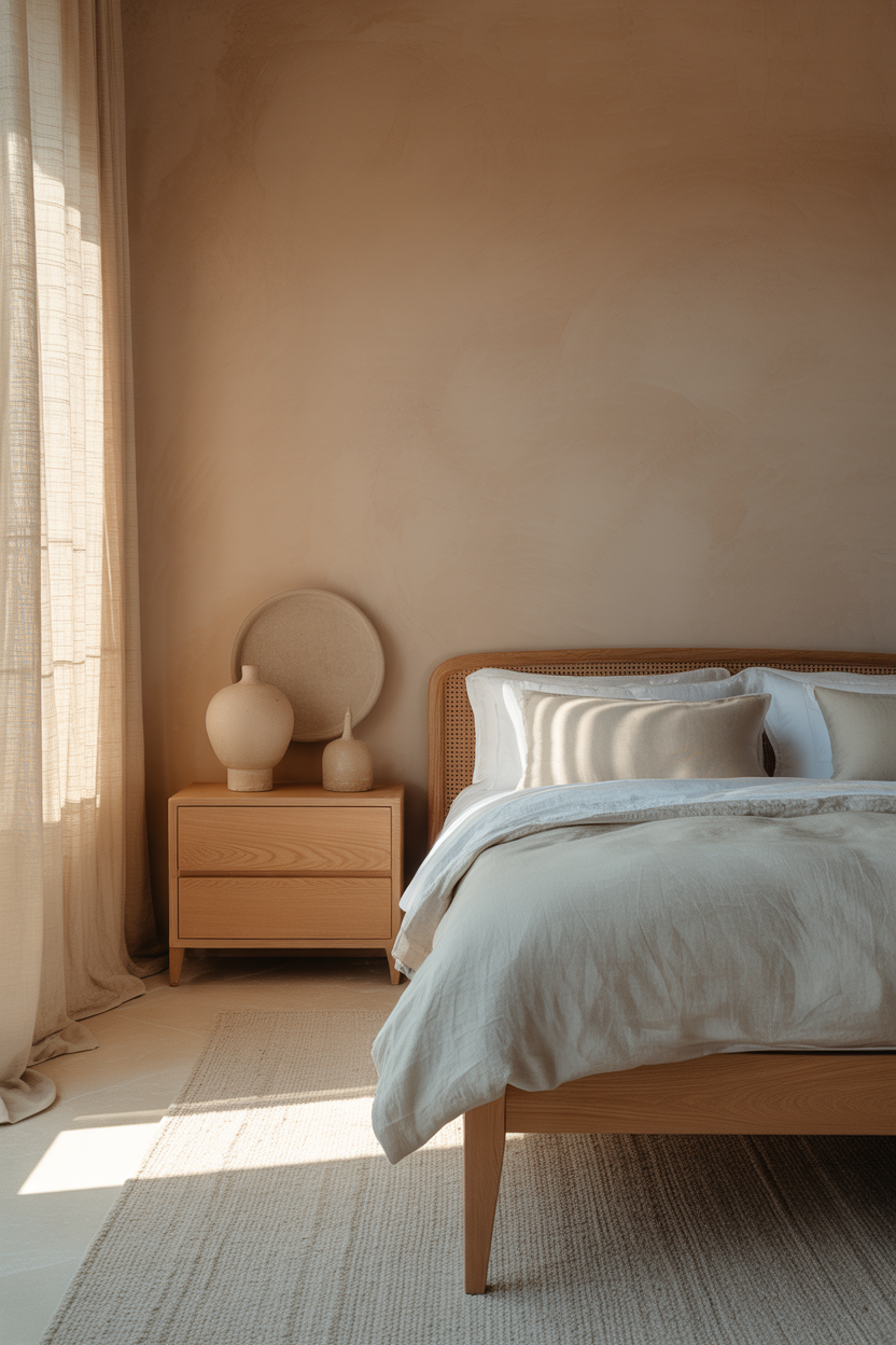 Minimalist pink and blue bedroom with white walls, blush pillow, and powder blue lamp — simple bedroom decor idea