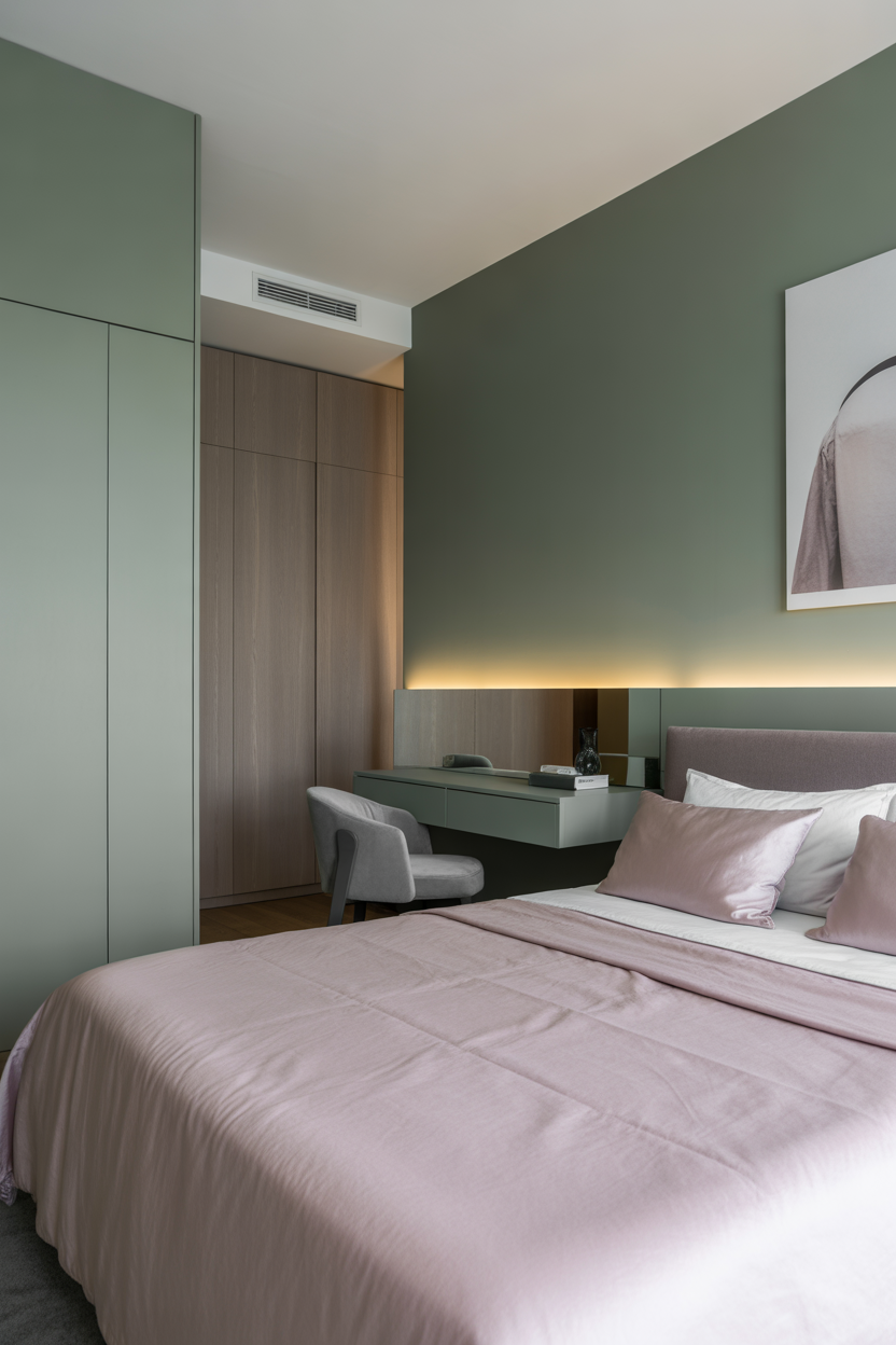 Minimalist pink and green bedroom with sage green bedding and white walls for a clean modern look