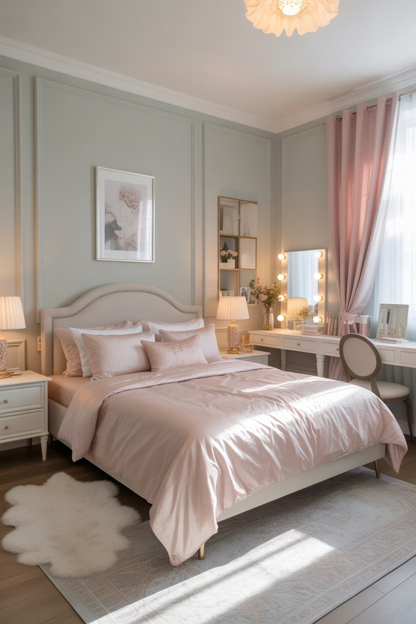 Mint green and blush pink pastel bedroom with white furniture and fairy lights for a dreamy teen bedroom