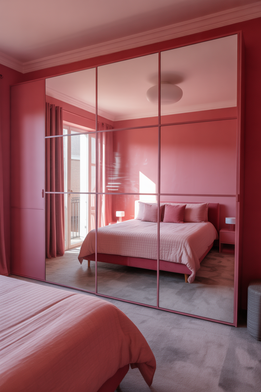Large mirror wall creating illusion of doubled space in small pink bedroom