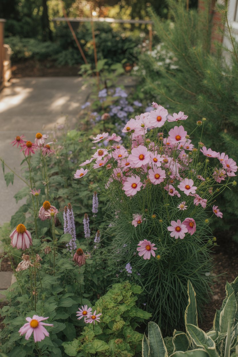 Cottage garden flower border mixing cosmos annuals with perennial salvia and echinacea in informal summer planting