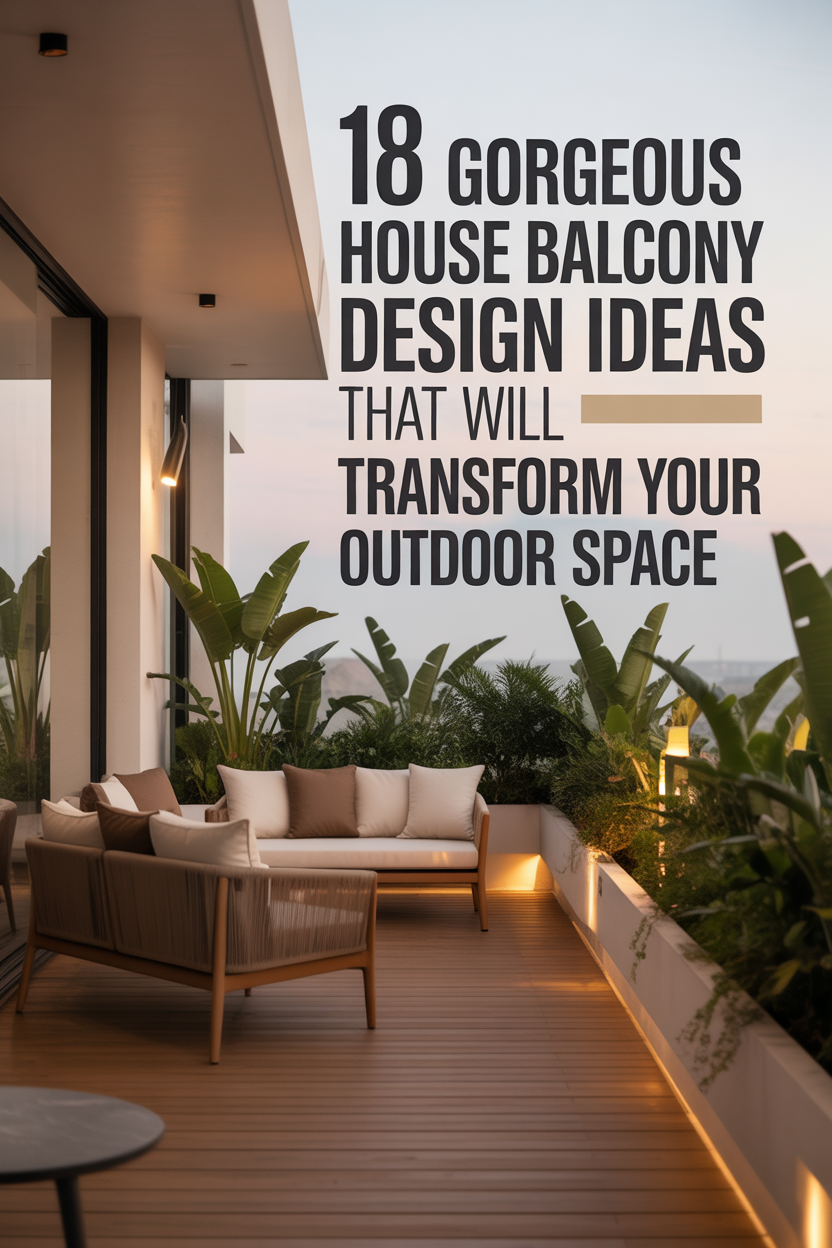 Modern house balcony design ideas collage featuring nine stylish outdoor balcony setups with wooden decor, plants, cozy seating, and warm neutral tones