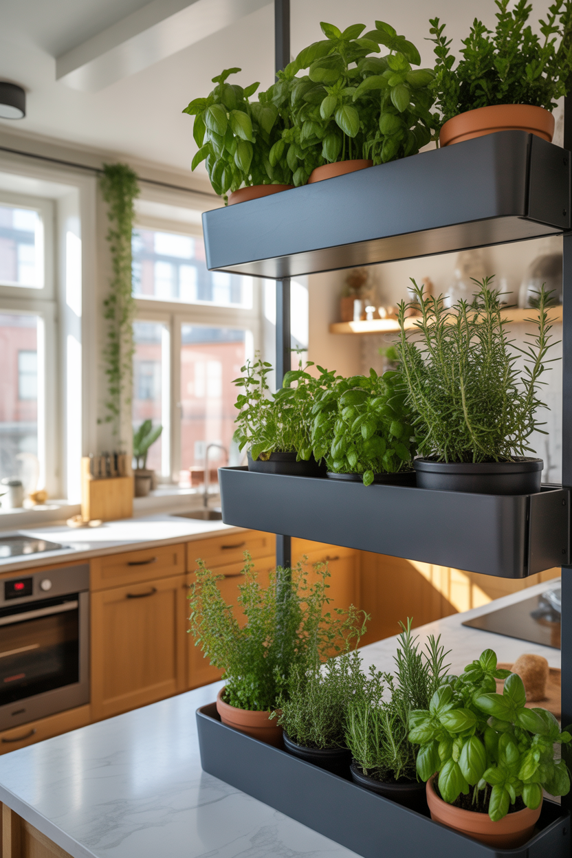 Pinterest-style indoor herb garden ideas cover with bold text and modern wall shelf hanging herb garden setups