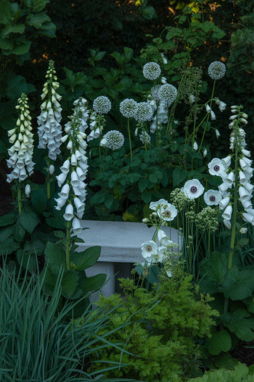 All-white moon garden corner with foxgloves roses and alliums glowing at dusk in cottage backyard