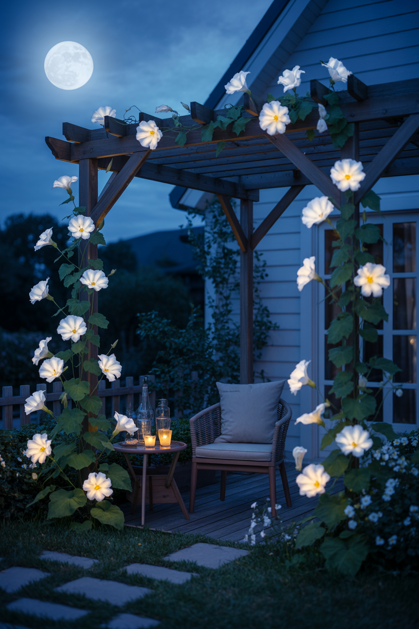 White moonflowers glowing in a magical night garden