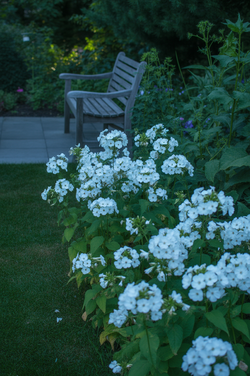 White moonlight garden border with nicotiana and phlox glowing at twilight in a romantic cottage yard