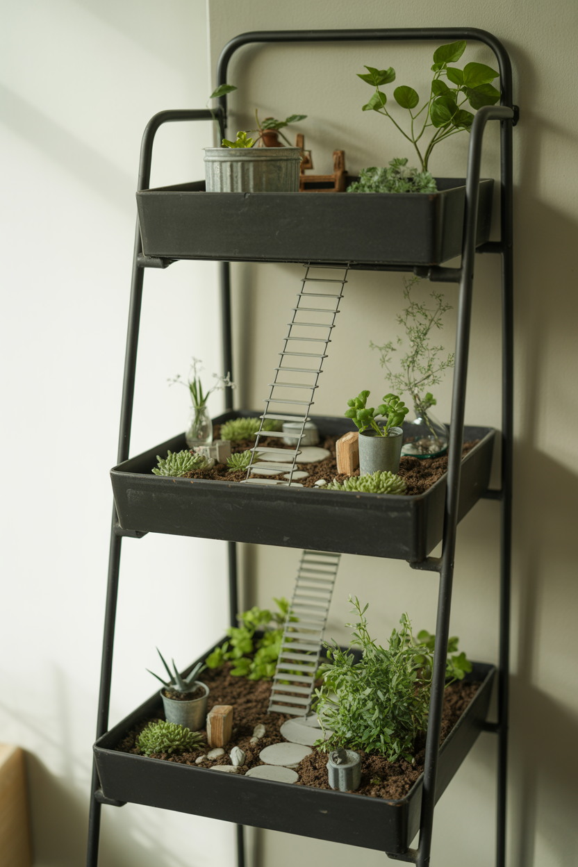 Three-tier plant stand with multiple fairy garden displays at different levels