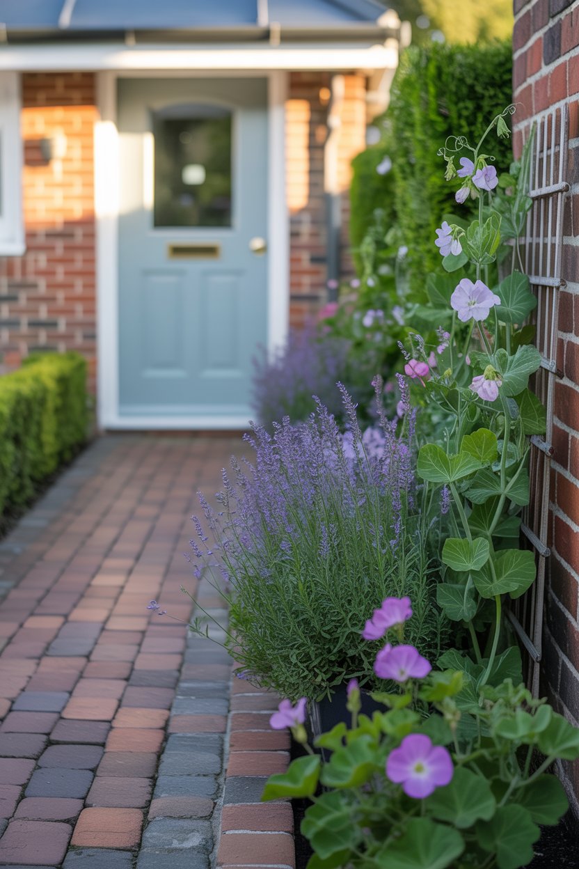 Narrow cottage garden flower border along front garden path with lavender, geraniums, and sweet pea climbers