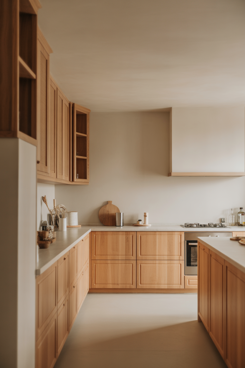 Natural white oak kitchen cabinets with visible grain and soft matte finish in a warm modern space