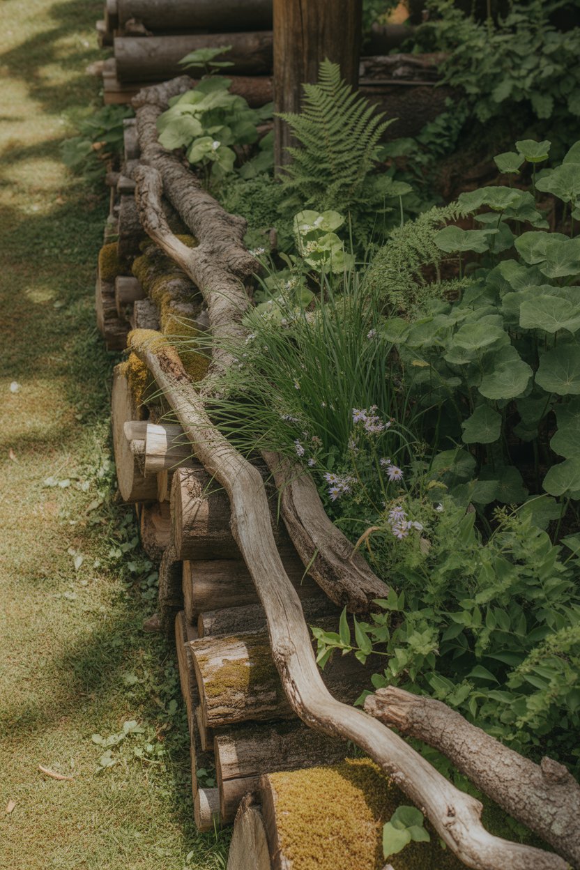 Cottage garden border with natural weathered wood log edging and wildflowers in a woodland setting