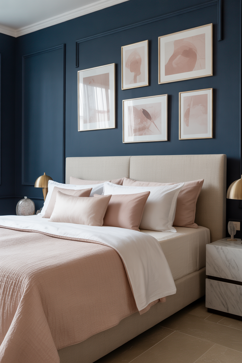 Navy blue accent wall with blush pink gallery art in gold frames — maximalist pink and blue bedroom idea