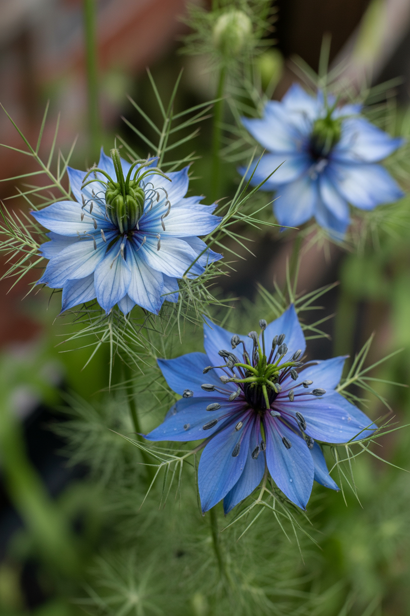 Blue nigella love-in-a-mist flowers with feathery green bracts in a cottage garden in early summer
