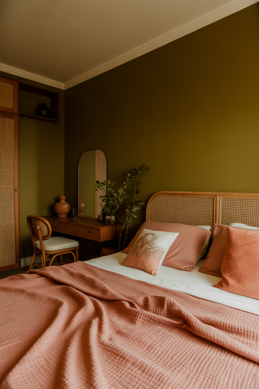 Olive green and coral pink earthy bedroom with rattan furniture and terracotta accents for a boho aesthetic