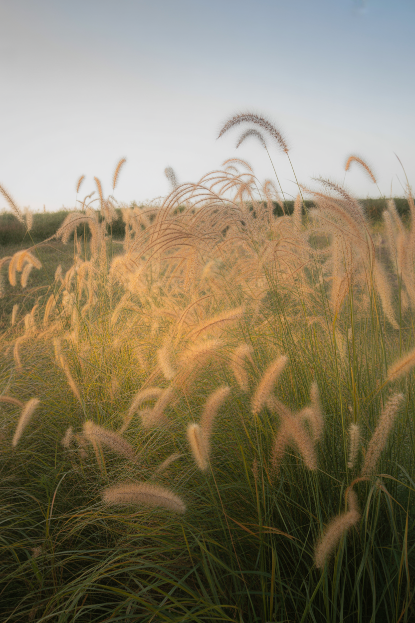Ornamental grasses adding structure in a full sun summer garden