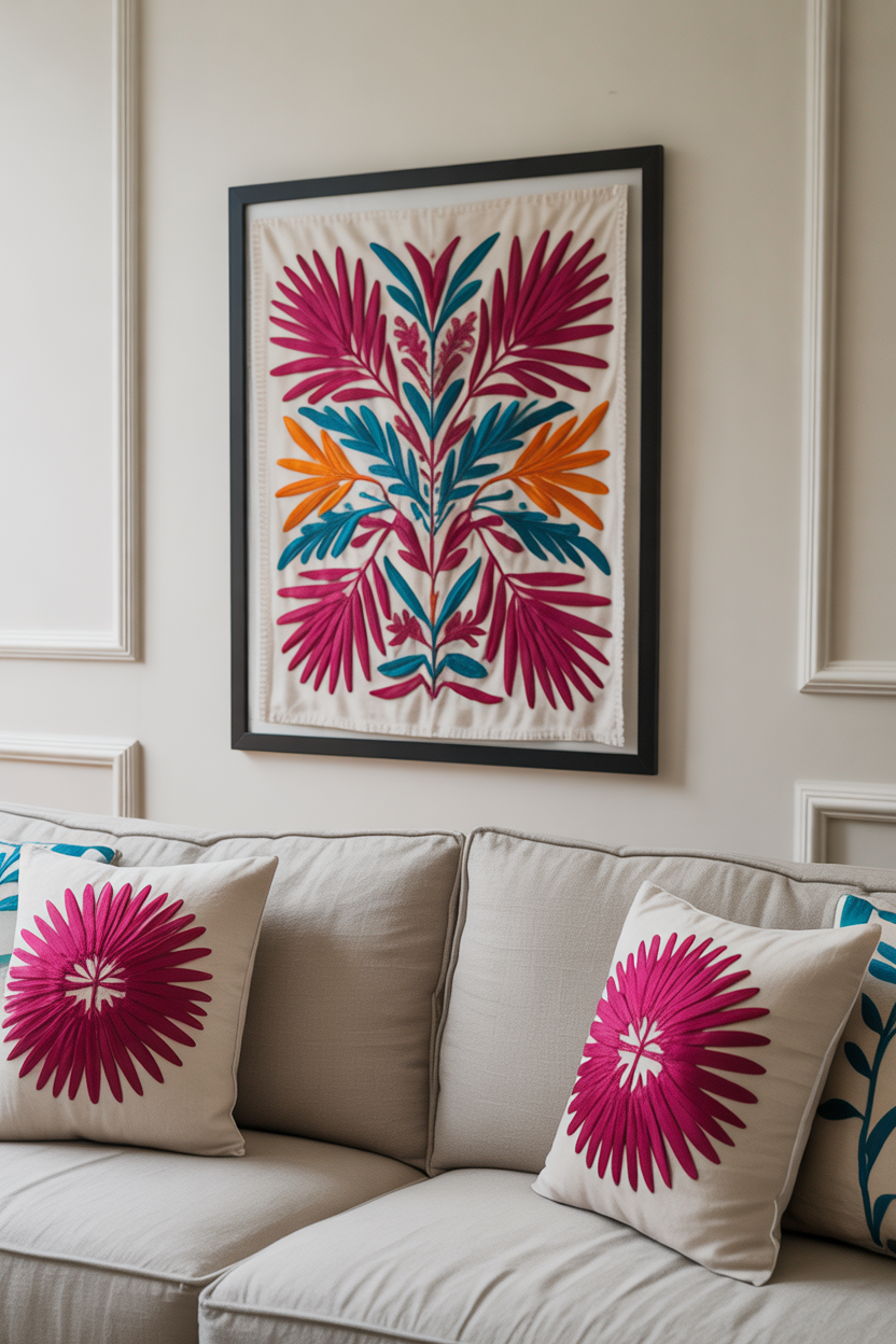 Framed Otomi hand-embroidered Mexican tapestry displayed above a neutral linen sofa with colorful embroidered cushions