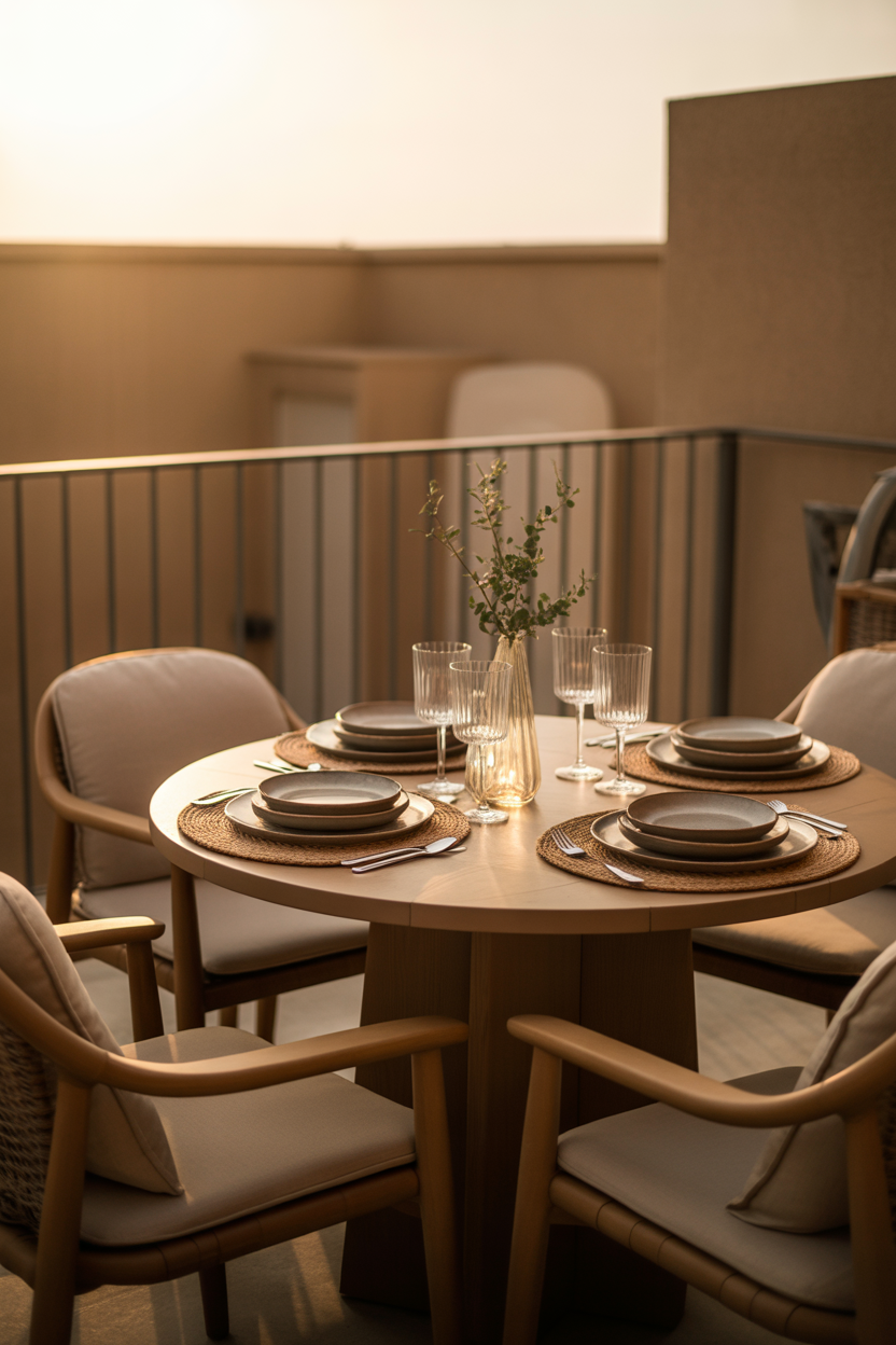Small balcony outdoor dining setup with round table, bistro chairs, Edison lights, and herb centerpiece