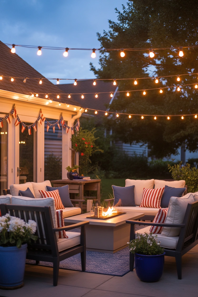 Warm string lights over patriotic backyard patio