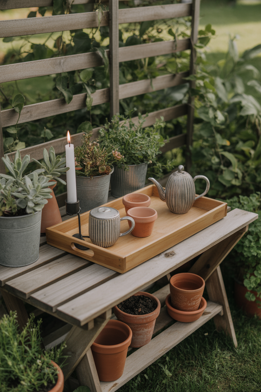 Cozy outdoor garden tea station on a potting bench with plants and a candle in morning light