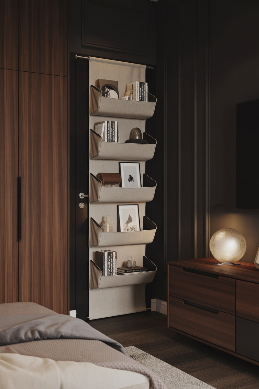 Over-door pocket organizer on bedroom door for vertical storage in small, renter-friendly apartment bedroom