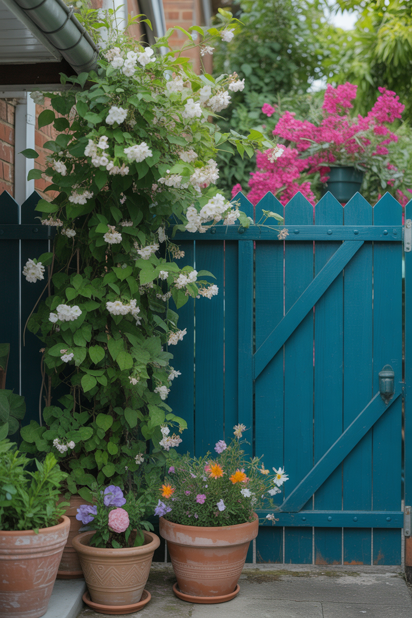 Garden fence painted in deep teal jewel tone with climbing plants