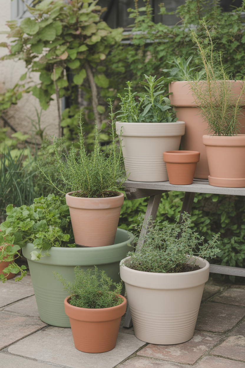 Curated painted garden pots in matching terracotta, sage green, and cream tones on a patio