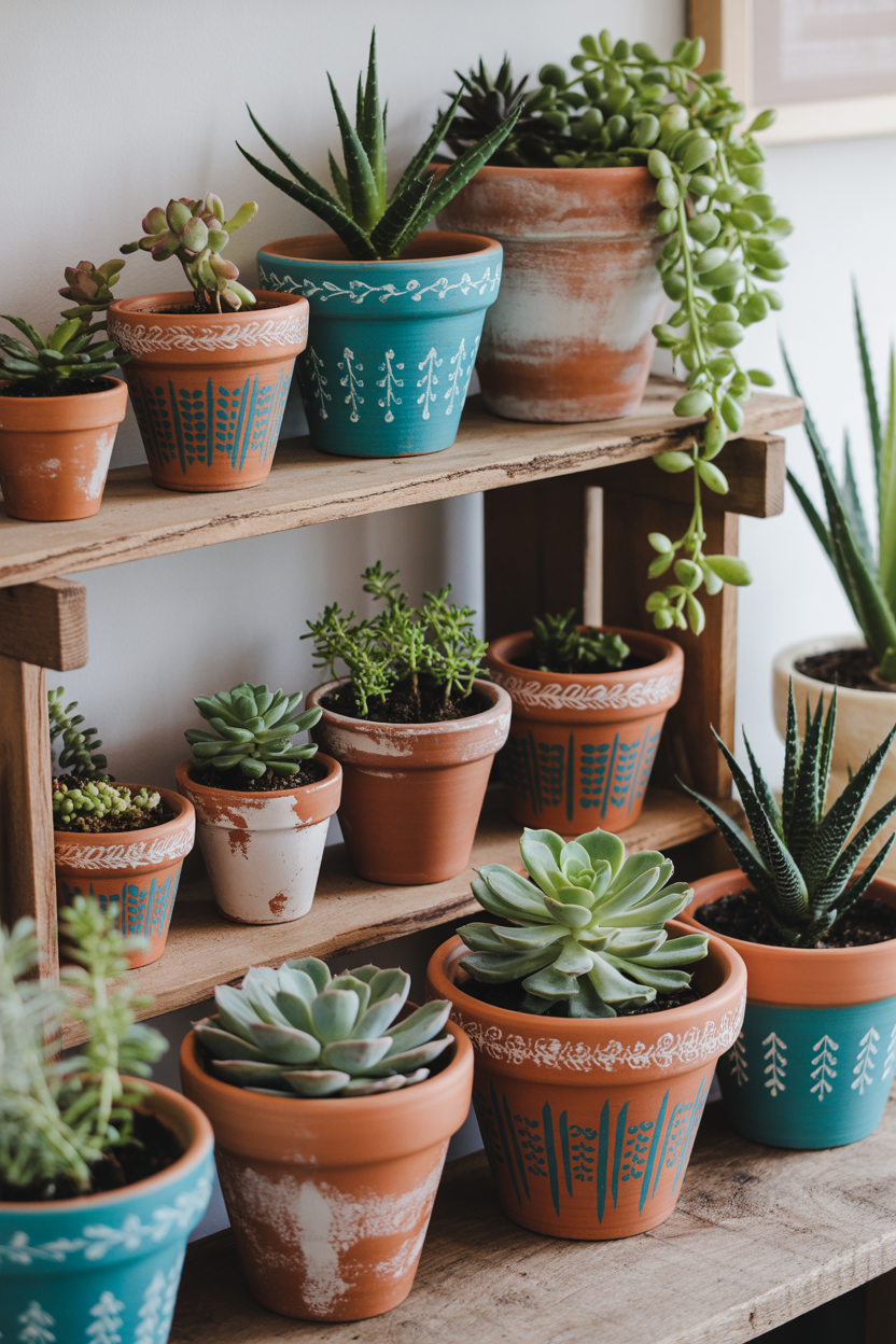 Hand-painted and natural terracotta pots with plants in a bohemian garden