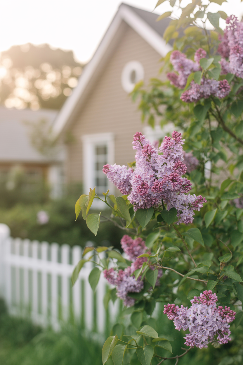 Dwarf Palibin Korean lilac shrub with fragrant pink-purple blooms as a compact cottage garden front yard plant