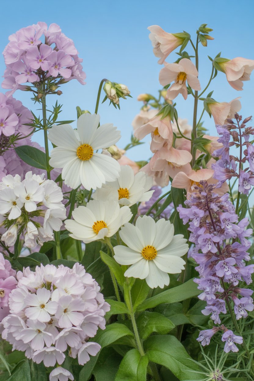 Soft pastel cottage garden flower border with phlox, cosmos, and catmint in pink, cream, and lavender tones