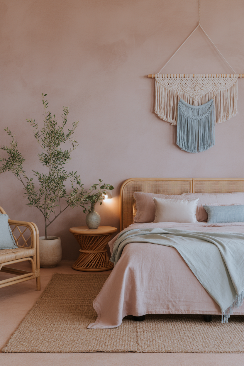 Pastel pink and baby blue boho bedroom with macramé decor, rattan furniture, and layered rugs