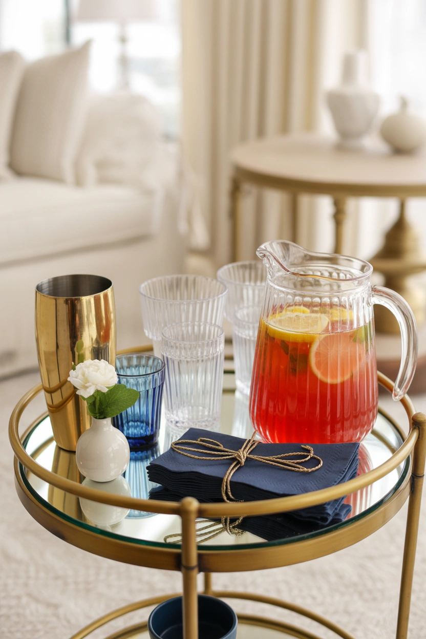 Styled patriotic bar cart with red lemonade pitcher navy glasses, and white flowers for 4th of July entertaining decor