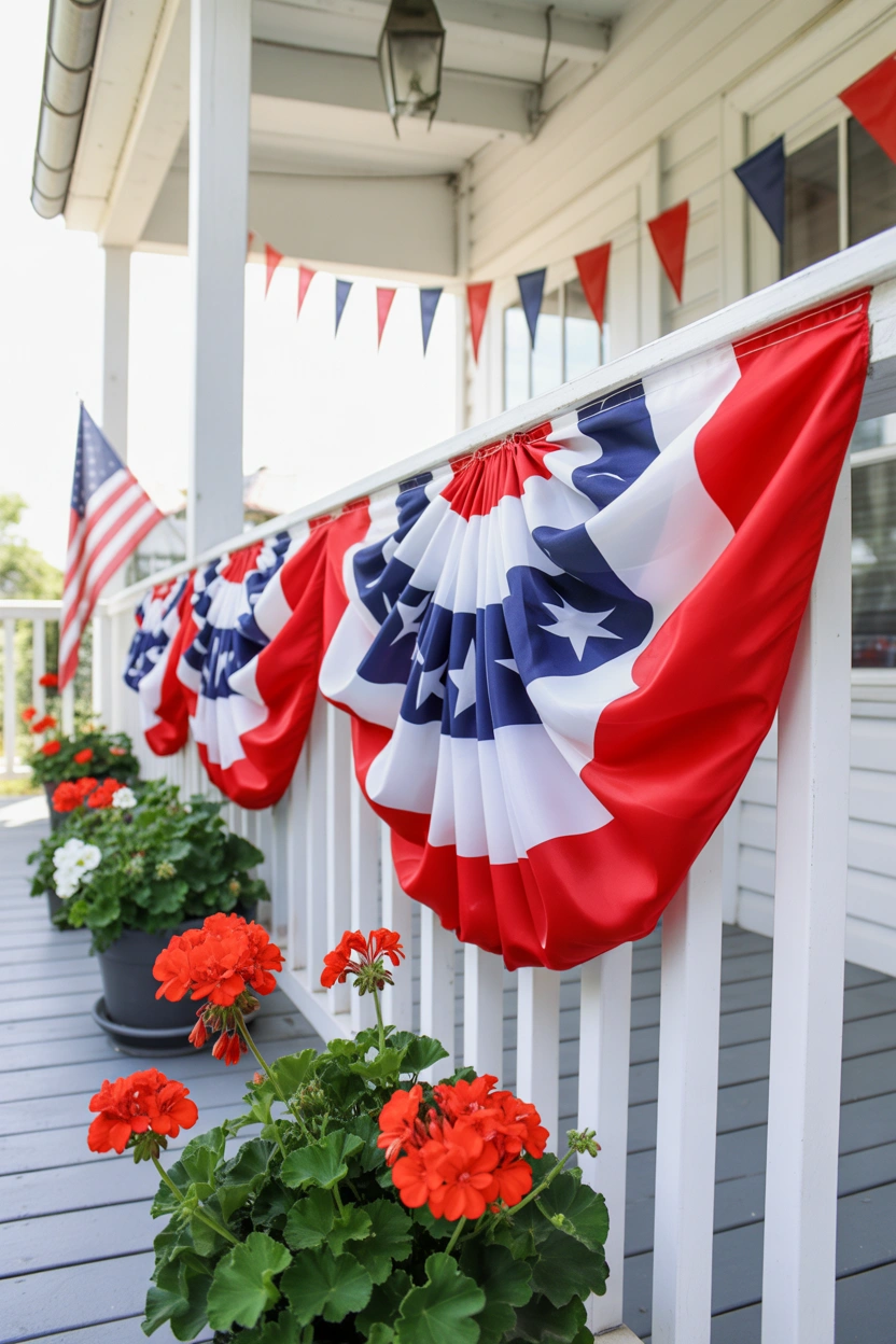 Fabric patriotic bunting draped along a white porch railing with pennant garland for 4th of July outdoor decorations
