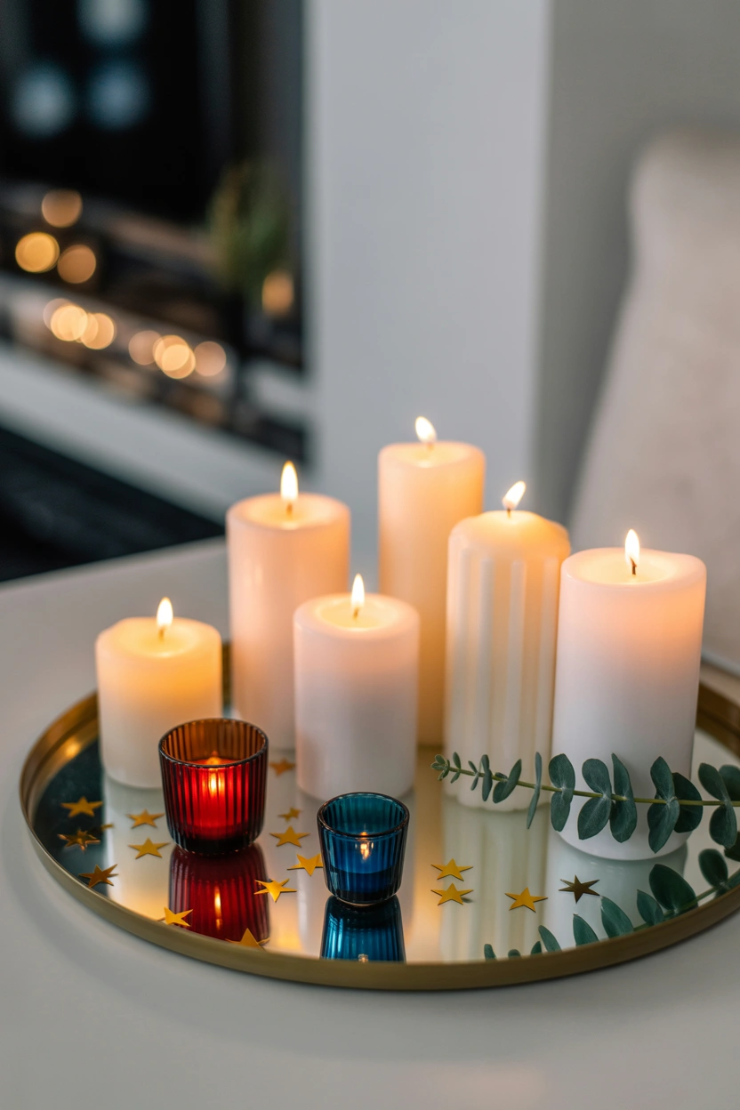 Elegant indoor patriotic candle display with white pillars, red and blue votives, and star confetti on a mirrored tray