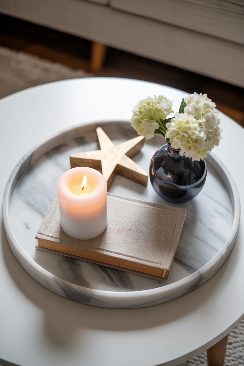 Minimalist 4th of July coffee table tray with white candle, navy vase, and white flowers for patriotic home decor