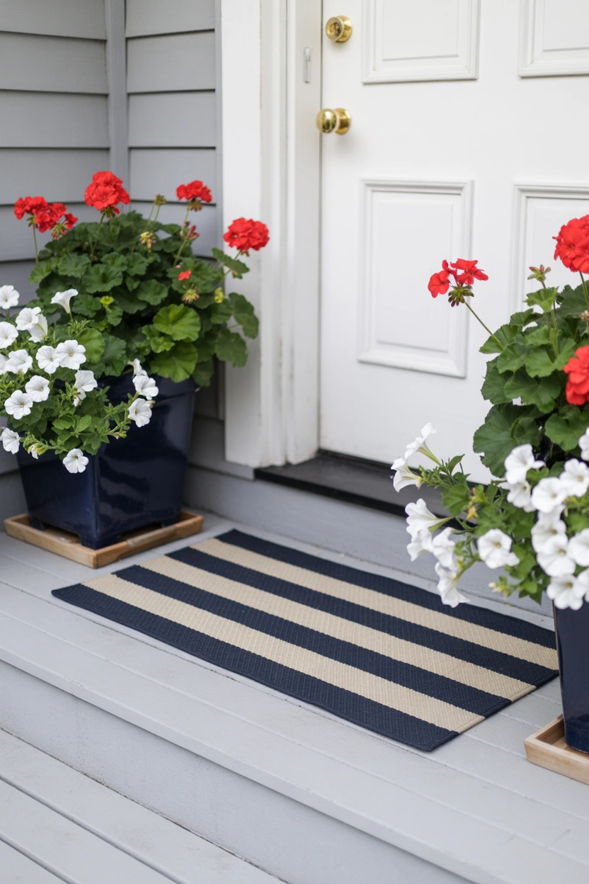 Patriotic front porch styling with navy striped doormat and red geranium white petunia planters for 4th of July home decor
